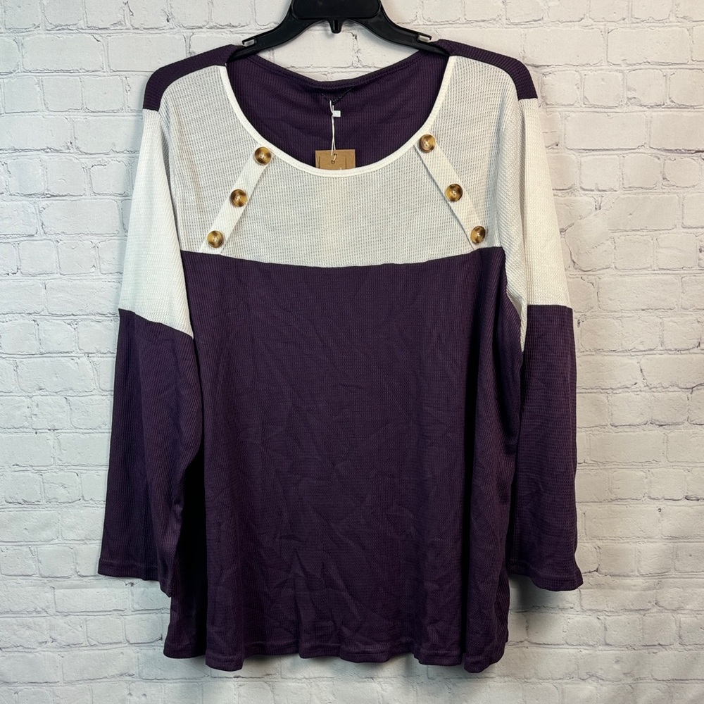 BloomChic Purple and White Long Sleeve Top with Button Accents Plus Size 3X - Picture 2 of 7